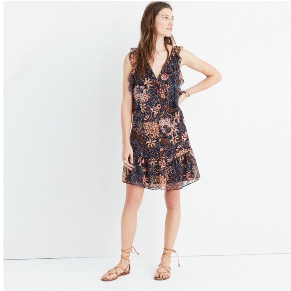 Madewell Floral Ruffle Mini Dress Navy Blue Tassel Tie Womens Large